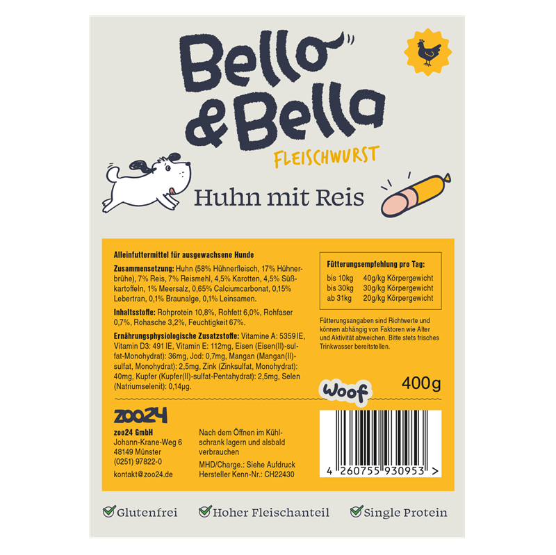 Bello&Bella Adult Fleischwurst 400 g - Huhn mit Reis 