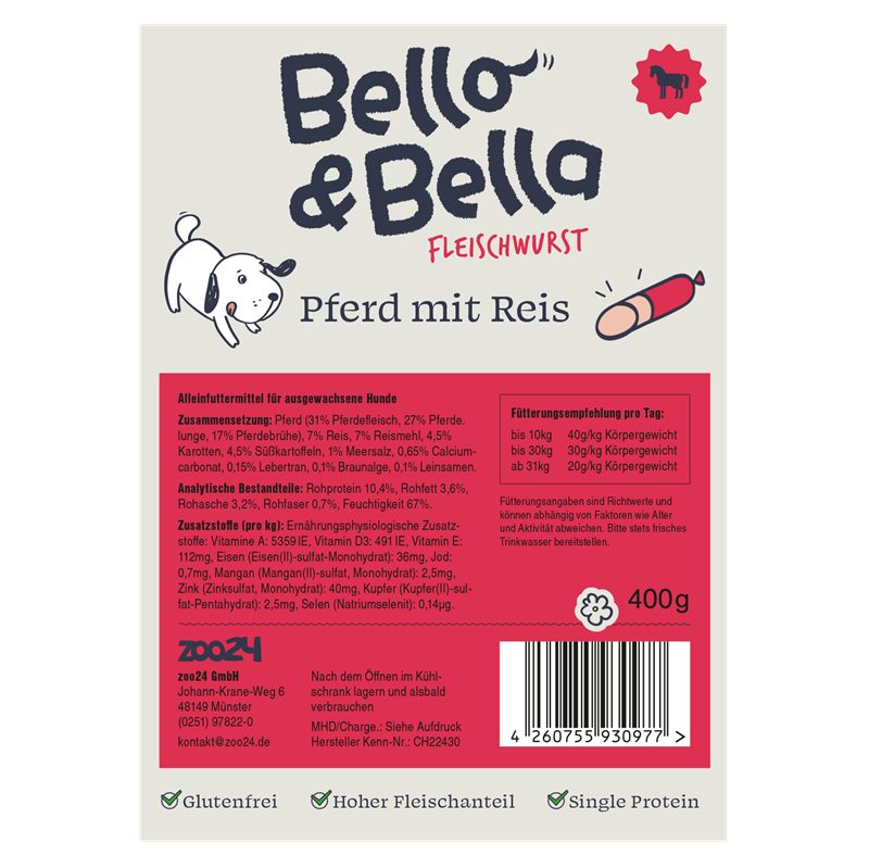 Bello&Bella Adult Fleischwurst 400 g - Pferd mit Reis 