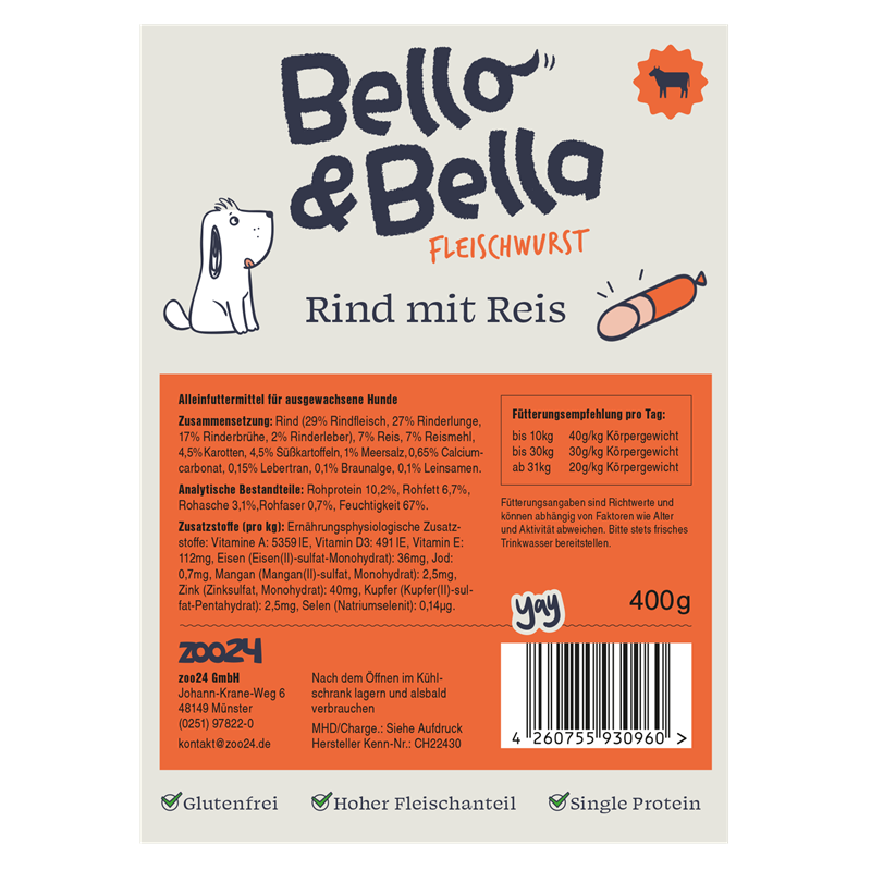 Bello&Bella Adult Fleischwurst 400 g - Rind mit Reis 