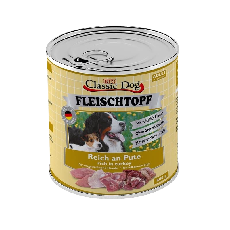 6x BTG Classic Dog Fleischtopf Adult - 800 g - Reich an Pute 