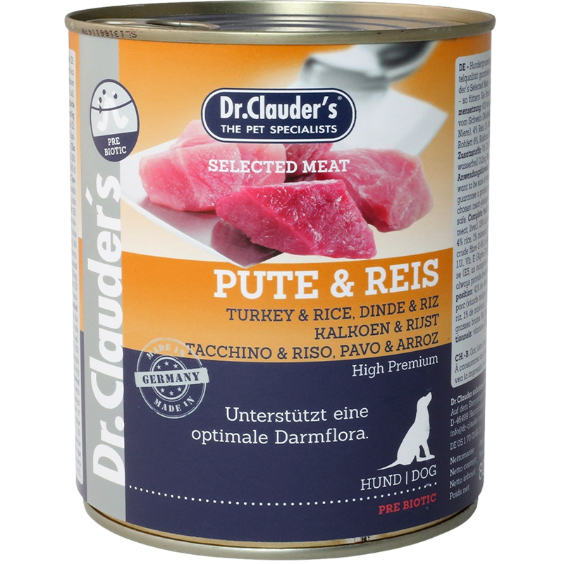 6x Dr. Clauder's Selected Meat - 800 g - Pute & Reis 